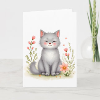 Watercolor Kitten Cute Cat with Flowers Blank Kort