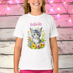 Watercolor Kitten Flowers Personlig T Shirt