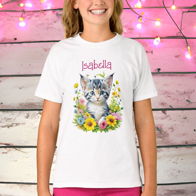 Watercolor Kitten Flowers Personlig T Shirt (Skapare uppladdad)