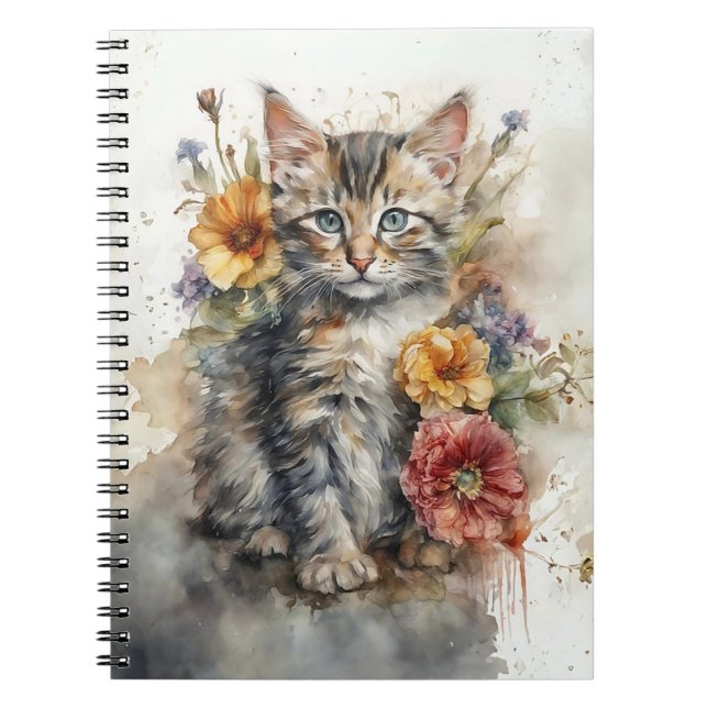 Watercolor Kitten with Wildflowers Spiral  Anteckningsbok (Framsidan)