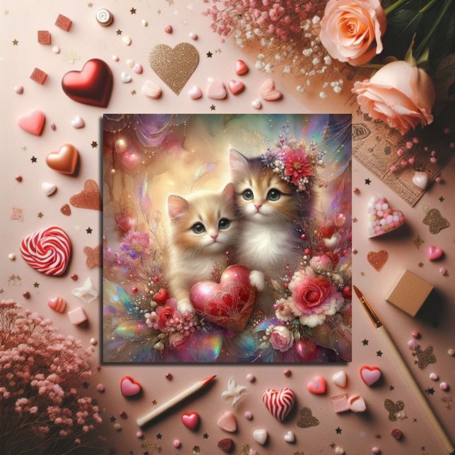 Watercolor Kittens Flowers Hearts Valentine Julkort (Skapare uppladdad)