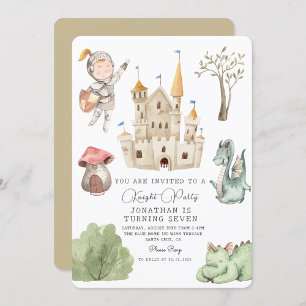 Watercolor Knight Dragon Castle Boy Birthday Inbjudningar