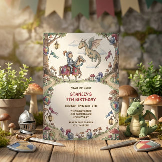 Watercolor Knight Dragon Fairytale Boy Birthday Inbjudningar
