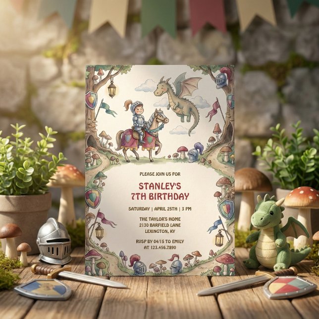 Watercolor Knight Dragon Fairytale Boy Birthday Inbjudningar (Watercolor Knight Dragon Fairytale Boy Birthday Invitation)
