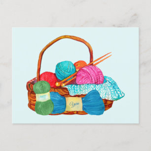Watercolor Knitting Yarn Basket Vykort