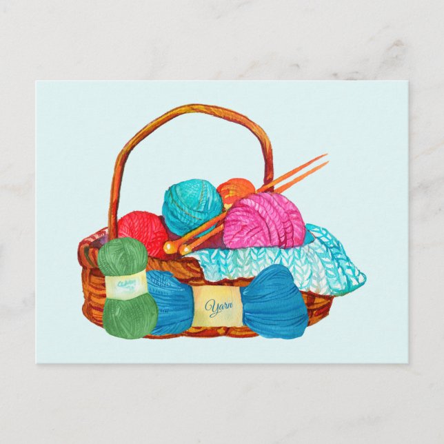 Watercolor Knitting Yarn Basket Vykort (Framsida)