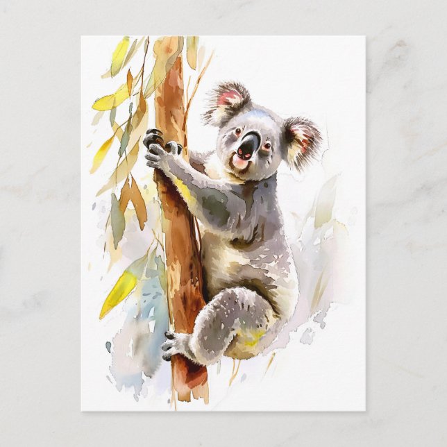 Watercolor Koala klättrande Eucalyptus Vykort (Framsida)