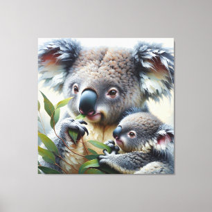 Watercolor Koala och Baby Joey i en Träd-målning Canvastryck