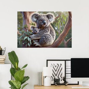 Watercolor Koala och Baby Joey i en Träd-målning Poster