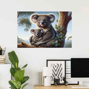 Watercolor Koala och Baby Joey i en Träd-målning Poster