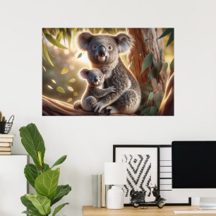 Watercolor Koala och Baby Joey i en Träd-målning Poster