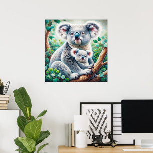 Watercolor Koala och Baby Joey i en Träd-målning Poster