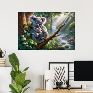 Watercolor Koala och Baby Joey i en Träd-målning Poster