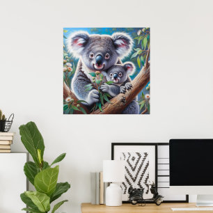Watercolor Koala och Baby Joey i en Träd-målning Poster