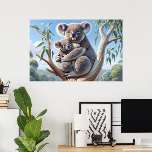 Watercolor Koala och Baby Joey i en Träd-målning Poster