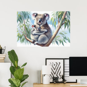 Watercolor Koala och Baby Joey i en Träd-målning Poster