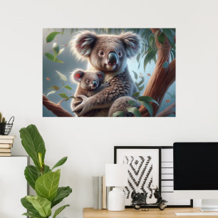 Watercolor Koala och Baby Joey i en Träd-målning Poster