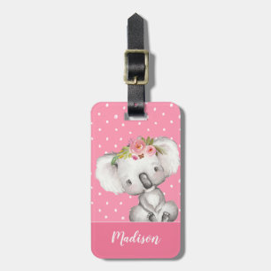 Watercolor Koala Rosa Blommigt Personlig Bagagebricka