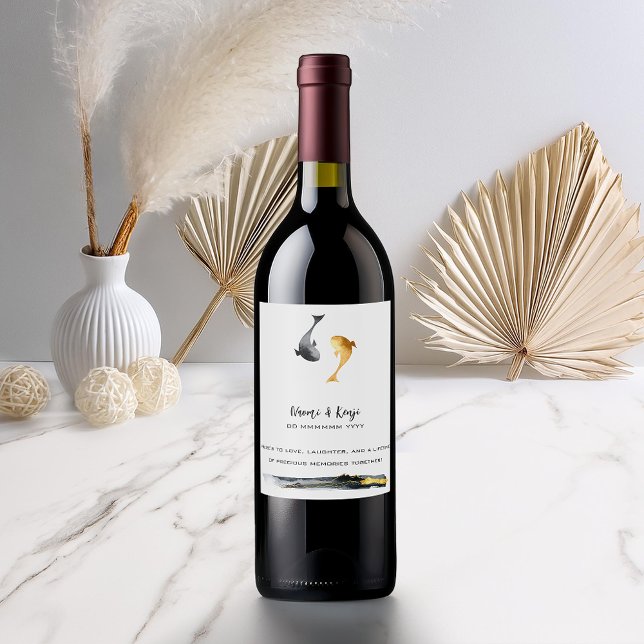 Watercolor Koi Fish Bröllop Vinflaska Etikett (Skapare uppladdad)