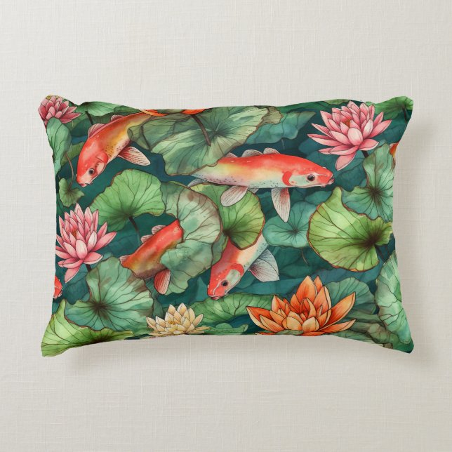Watercolor Koi och Vatten Lilies accent Pillow Prydnadskudde (Framsidan)