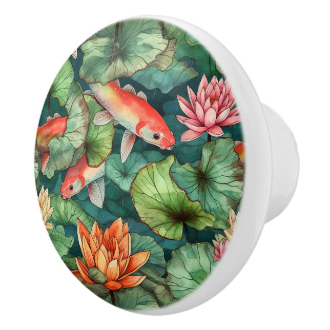Watercolor Koi och Vatten Lilies Ceramic Knob Knopp (Höger)