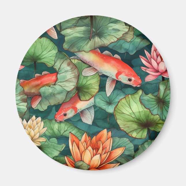 Watercolor Koi och Vatten Lilies Magnet (Framsidan)