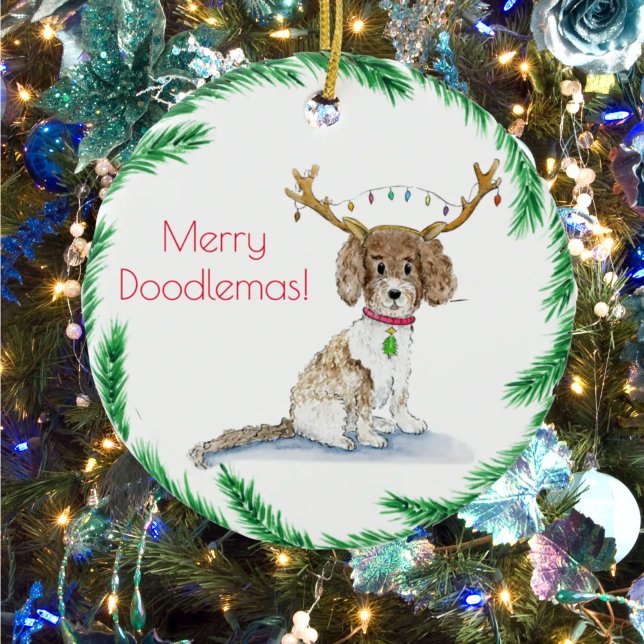 Watercolor Labradoodle jul Ljus Antlers Julgransprydnad Keramik (Skapare uppladdad)