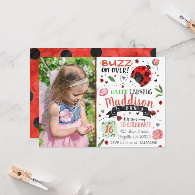 Watercolor Ladybug Birthday Inbjudan med Photo (Fram/Back In Situ)
