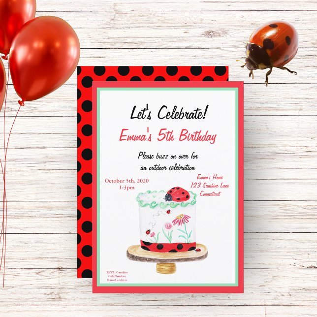 Watercolor Ladybug Cake Birthday Inbjudningar (Skapare uppladdad)