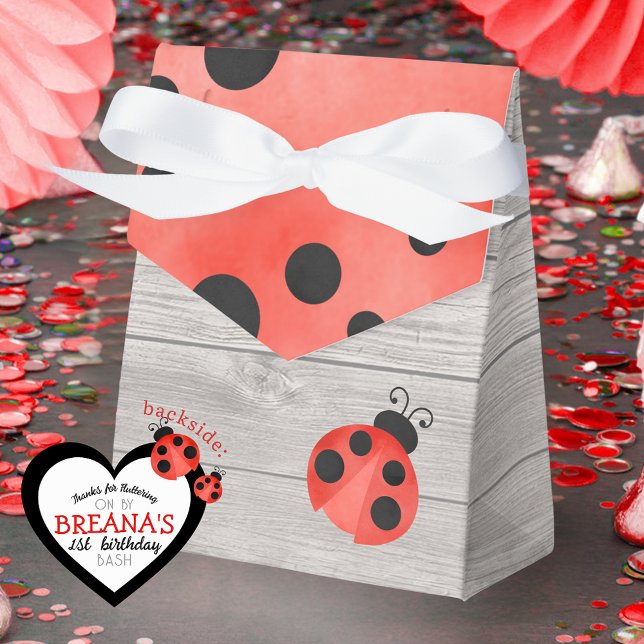 Watercolor Ladybug på Wood Birthday Treat Presentaskar (Grey Light Washed Wood Watercolor Ladybug Personalized Favor Gift Boxes)