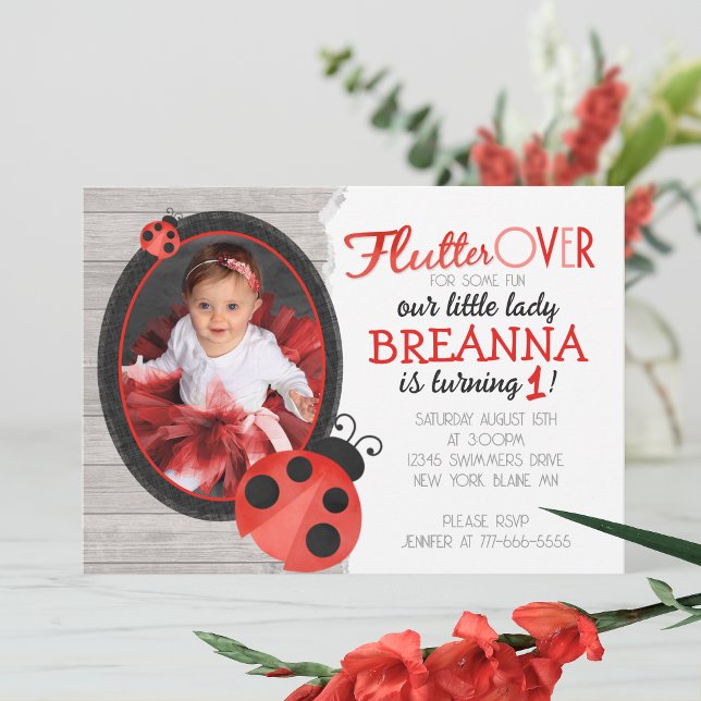 Watercolor Ladybug Photo Birthday Inbjudningar (Sweet Watercolor Ladybug Birthday Photo Invitation. Available printed or digital download)
