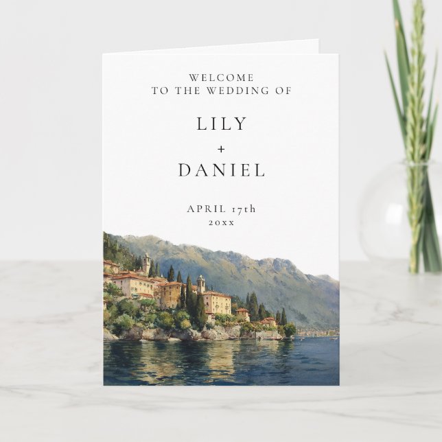 Watercolor Lake Como Elegant Bröllop Program (Framsida)