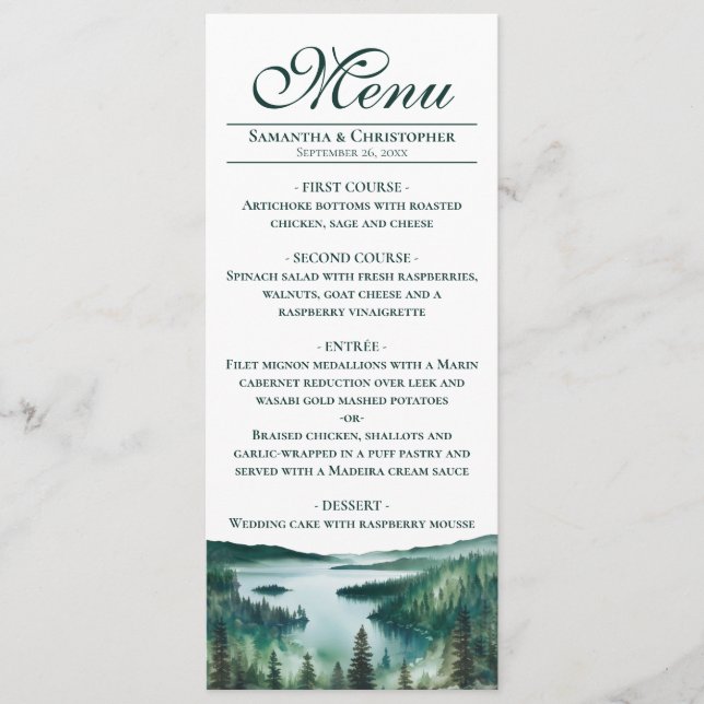 Watercolor Lake Tahoe Elegant Rustic Wedding Meny (Framsida)