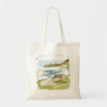 Watercolor Lakeside Bench Tote Bag – Calm Nature 