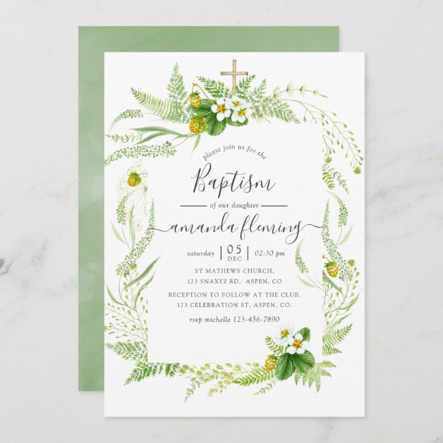 Watercolor Land Rustic Greenery Baptism Inbjudningar (Fram/baksida)