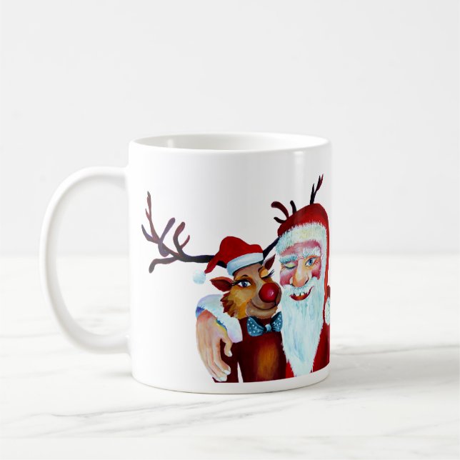 Watercolor Laughing Jultomten Rudolf Smiling Kaffemugg (Vänster)