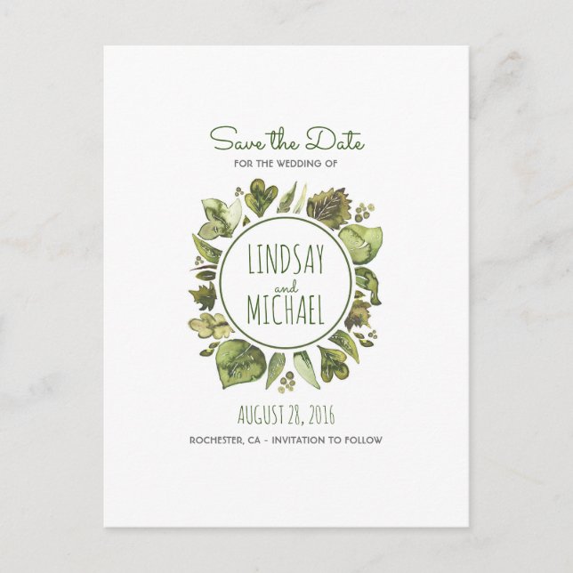 Watercolor Laurel - Greenery Wandey Save Date Meddelande Vykort (Framsida)