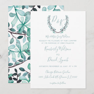 Watercolor Laurel Lämna Monogram Bröllop Inbjudningar