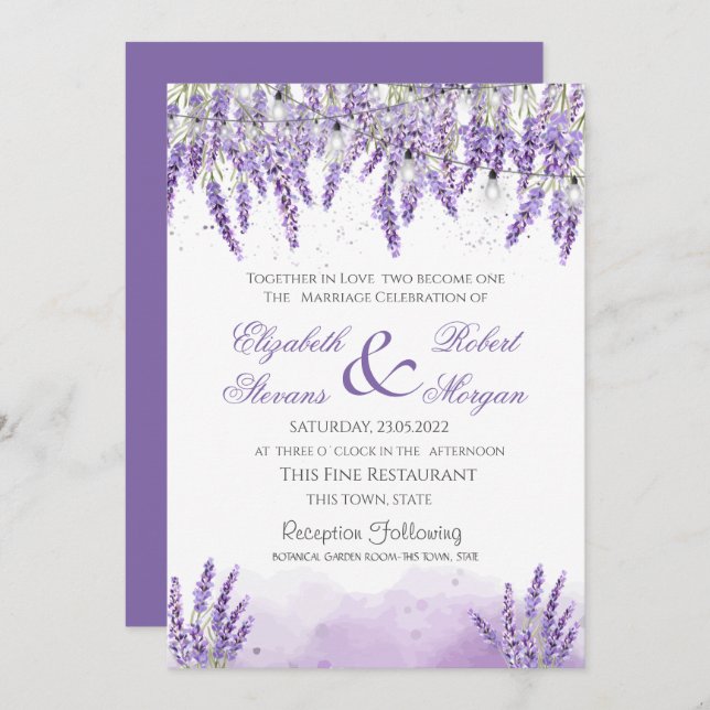 Watercolor Lavander Flowers String Ljus Bröllop Inbjudningar (Fram/baksida)