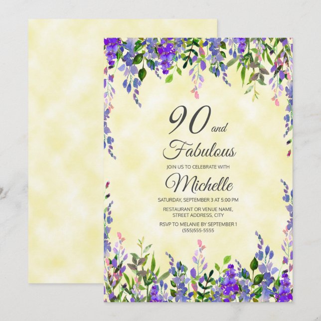 Watercolor Lavendel Gul 90 & Fantastisk Födelsedag Inbjudningar (Fram/baksida)
