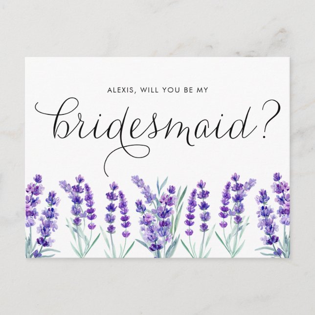 Watercolor Lavender blir min bridesmaid Inbjudan Vykort (Framsida)