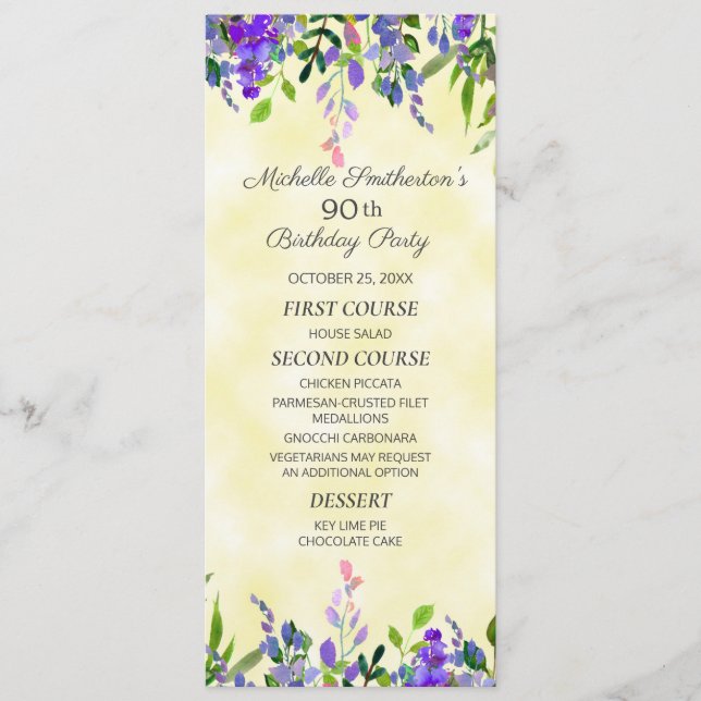 Watercolor Lavender Blommigt Gult Birthday Menu Meny (Framsida)