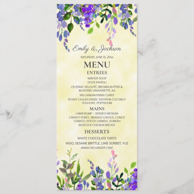 Watercolor Lavender Blommigt Gult Bröllop Menu Meny (Framsida)