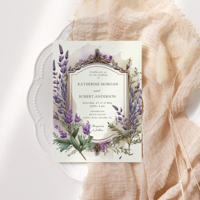Watercolor Lavender Blommigt Regal Guld Bröllop Inbjudningar (Skapare uppladdad)