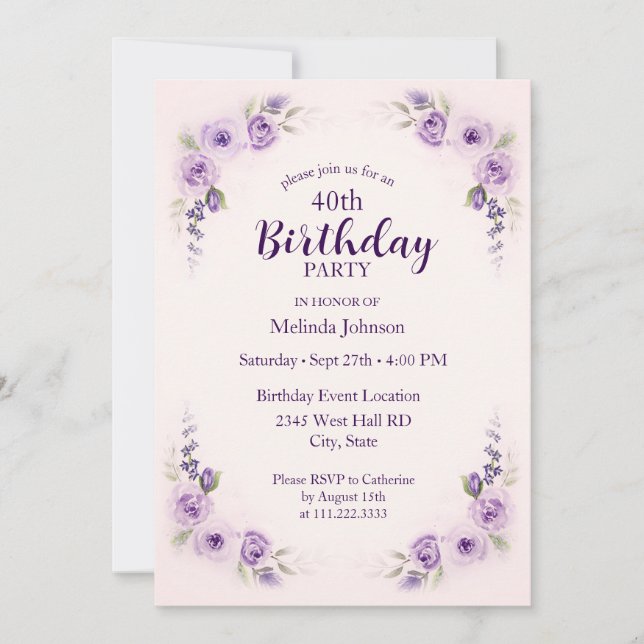 Watercolor Lavender Blush Rose 40th Birthday Inbjudningar (Framsida)