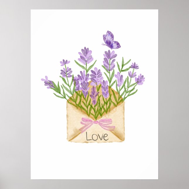 Watercolor Lavender Bouquet in Envelope Poster (Framsidan)