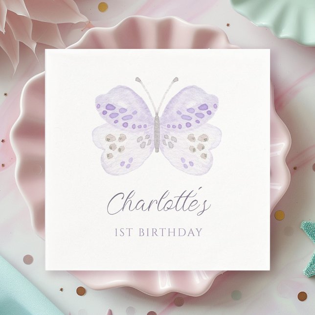 Watercolor Lavender Butterfly 1st Birthday Party Pappersservett (Skapare uppladdad)