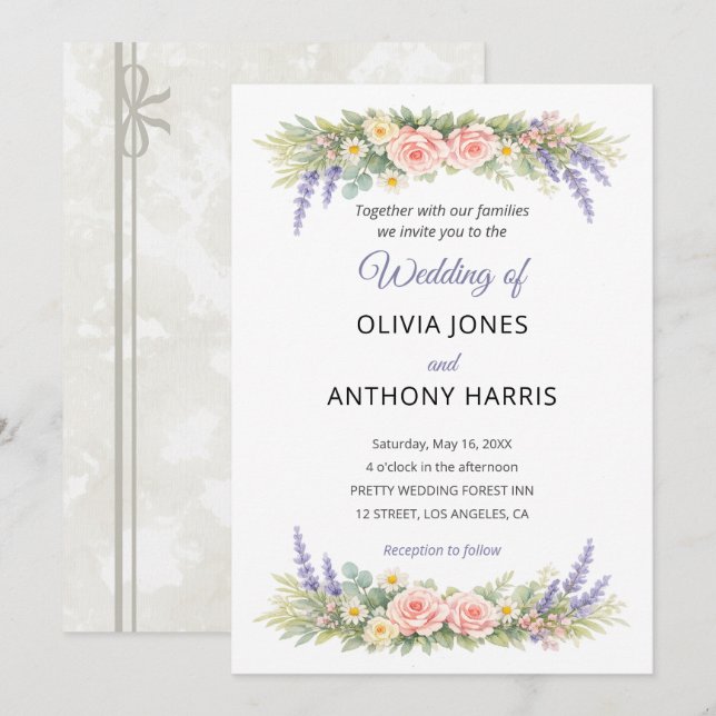 Watercolor Lavender Eucalyptus Rose Wedding Inbjudningar (Fram/baksida)