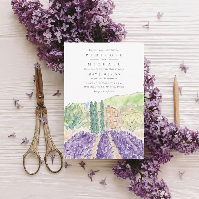 Watercolor Lavender Fält Bröllop Inbjudningar (Watercolor lavender fields wedding invitation.)