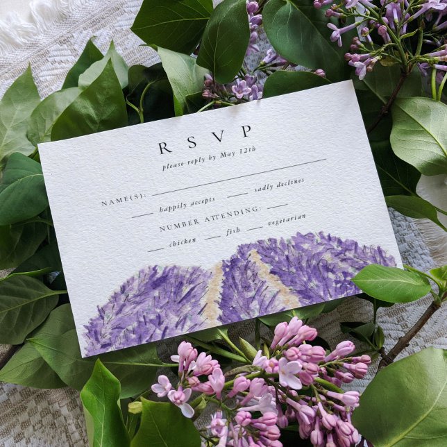 Watercolor Lavender Fält Bröllop OSA (Watercolor lavender fields wedding RSVP response cards.)